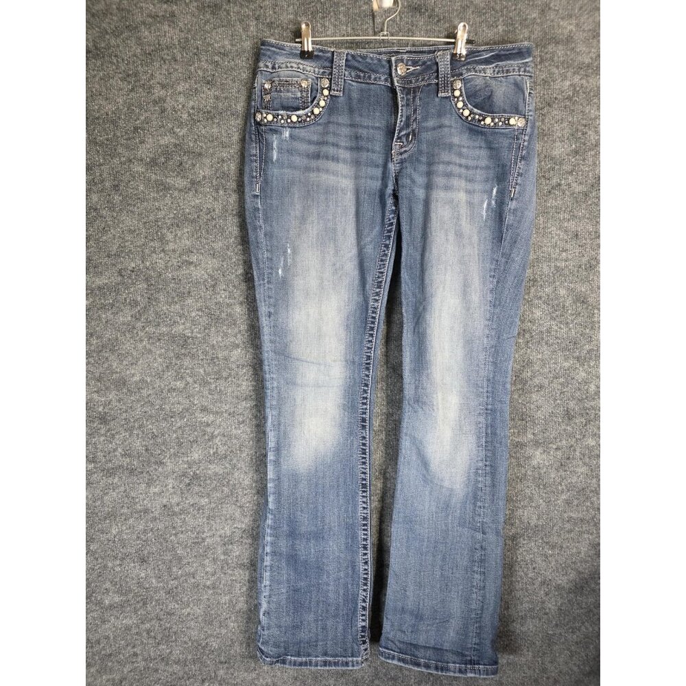 Miss Me Jeans Womens 30 Blue Signature Boot Embellished Pockets MK 471 34 Inseam
